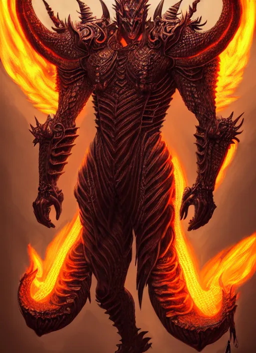 Image similar to muscular and tall ghostly fire humanoid dragon!!!! draconian!! intricate ornate iridescent heavy armor!! character concept art, sharp focus, octane render! unreal engine 5! highly rendered!! trending on artstation!! detailed linework!! illustration by artgerm, wlop, and chie yoshii