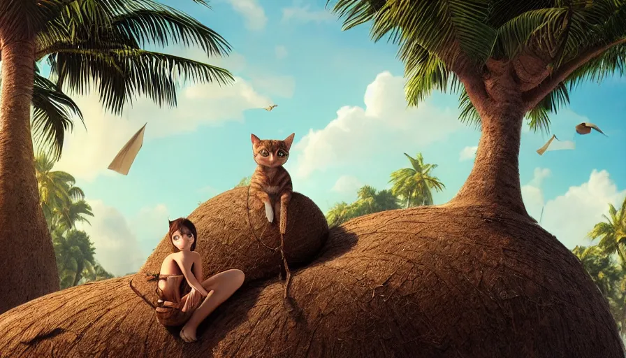 Image similar to very very small cat, sitting on a gigantic coconut tree in socotra island by ilya kuvshinov, rtx rendering, octane render 1 2 8 k, maya, extreme high intricate details by tom bagshaw, medium shot, close up shot, composition by sana takeda, lighting by greg rutkowski