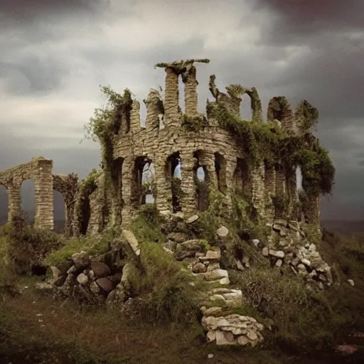 Prompt: the ruins of a village made out of stone on top of a cloud, overgrown with red vines, with a broken stone statue of a man in the middle of the ruins