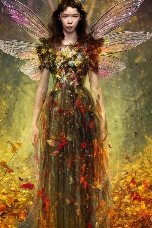 Prompt: masterwork full body portrait of astrid berges frisbey as a fairy. digital illustration. wearing a dress made out of stars. resting on a background of autumn leaves. fluid, dreamy, ethereal, vivid colours. sharp focus. highly detailed face. wow! cinematic lighting. trending on artstation. cgsociety.