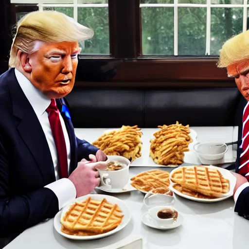 Image similar to photograph of trump and Biden sitting and eating breakfast at a Wafflehouse