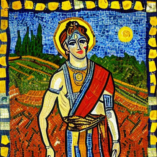 Image similar to a beautiful roman mosaic of the god krishna un the style of vincent van gogh