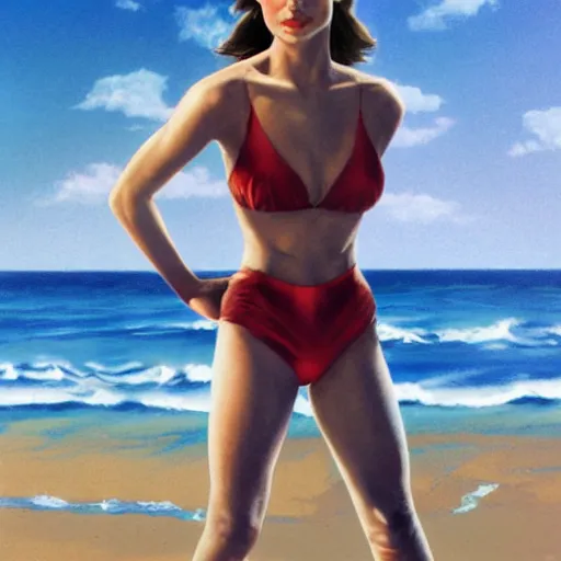 Image similar to Natalie Portman at the beach, Joe Jusko, 8k photography, trending on artstation, frank Frazetta