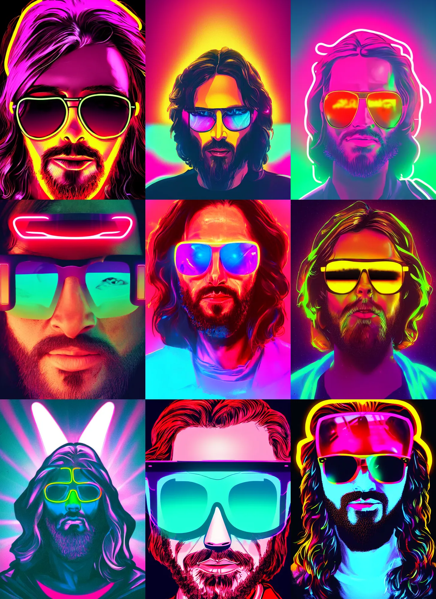 Prompt: portrait of jesus christ wearing sunglasses, neon lighting, synthwave, futuristic, artstation, high quality