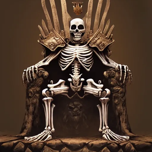 Prompt: skeleton king sitting on a throne in a palace by Stanley Artgerm Lau, frank frazetta, Rossdraws, James Jean, gerald brom, Andrei Riabovitchev, Marc Simonetti, and Sakimichan, trending on artstation, SFW version