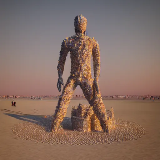 Image similar to highly detailed 3d render of burning man festival sculpture of man made of cornflowers by Beeple