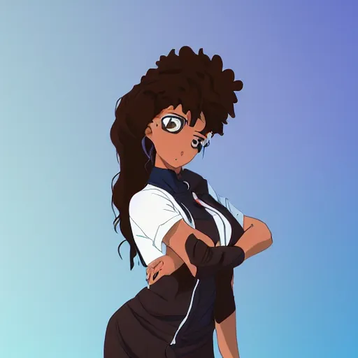 Image similar to A brown skinned woman with curly black hair as an anime character