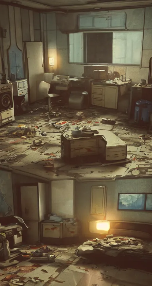 Image similar to artstation scifi scene of a shabby american room in 1 9 7 0 s, shabby room, old tv, tile floor, cabinets, cot, paneled walls, unreal engine 5, hyper realism, realistic shading, cinematic composition, blender render, octane render, hdr, detailed textures, photorealistic, wide shot