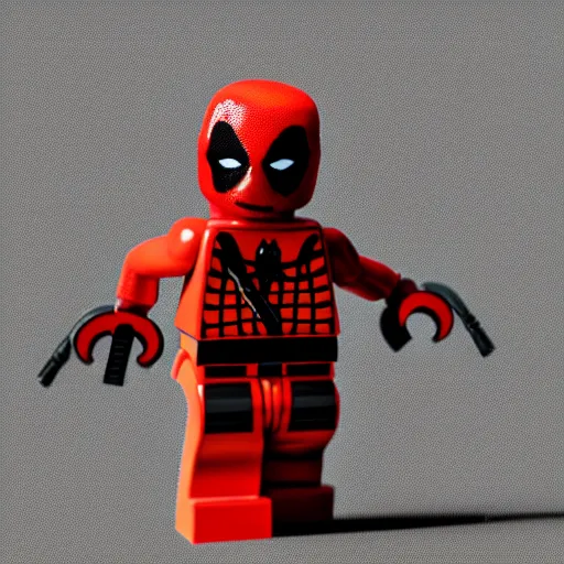 Prompt: deadpool as lego character, bokeh, photo, hyperrealistic, detailed textures and soft studio lighting, striking a cinematic pose, lego background, duplo, lego movie, octane render, 8 k soft shadows, sharp focus, extreme detail, hyper realistic, award winning photo