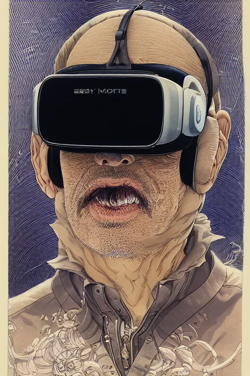 Image similar to portrait closeup of middle aged man wearing vr headset, symmetrical, by yoichi hatakenaka, masamune shirow, josan gonzales and dan mumford, ayami kojima, takato yamamoto, barclay shaw, karol bak, yukito kishiro