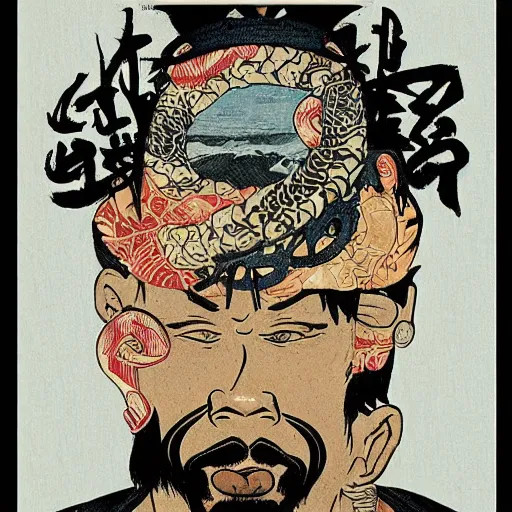 Image similar to U-God from Wu-tang Clan rapping, portrait, style of ancient text, hokusai