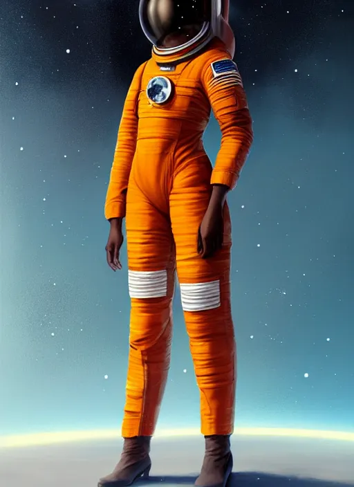 Image similar to full body portrait of young black woman as an astronaut, orange space jumpsuit, intricate, beautiful and elegant, highly detailed, digital painting, artstation, concept art, smooth, sharp focus, illustration, art by wlop, mars ravelo and greg rutkowski