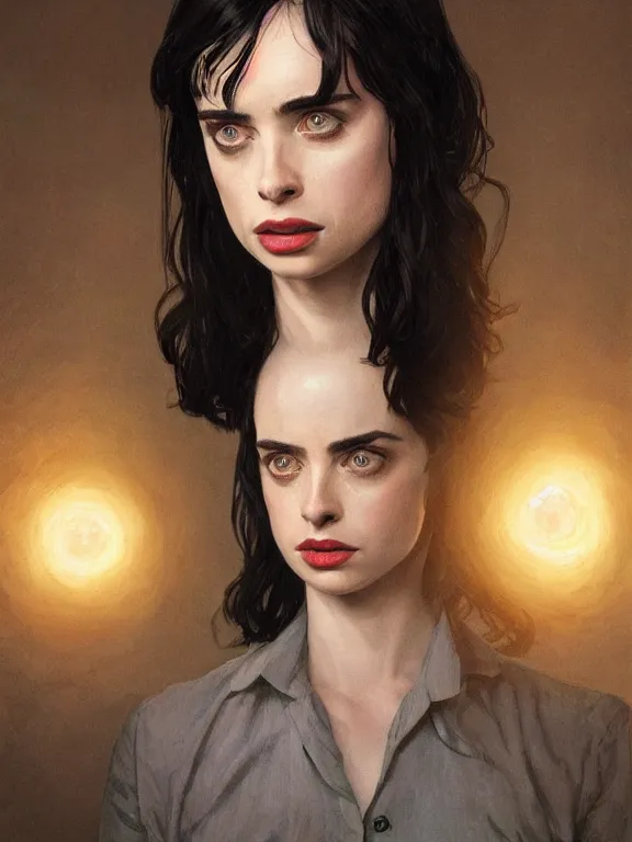 Image similar to old krysten ritter with grey hair as an actor from stranger things, intricate, highly detailed, digital painting, artstation, oppressive lighting, fashion concept art, sharp focus, illustration, art by greg rutkowski and alphonse mucha
