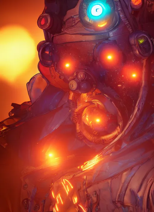 Image similar to glowwave portrait of curly orange hair man from borderlands 3, au naturel, hyper detailed, digital art, trending in artstation, cinematic lighting, studio quality, smooth render, unreal engine 5 rendered, octane rendered, art style by klimt and nixeu and ian sprigger and wlop and krenz cushart.