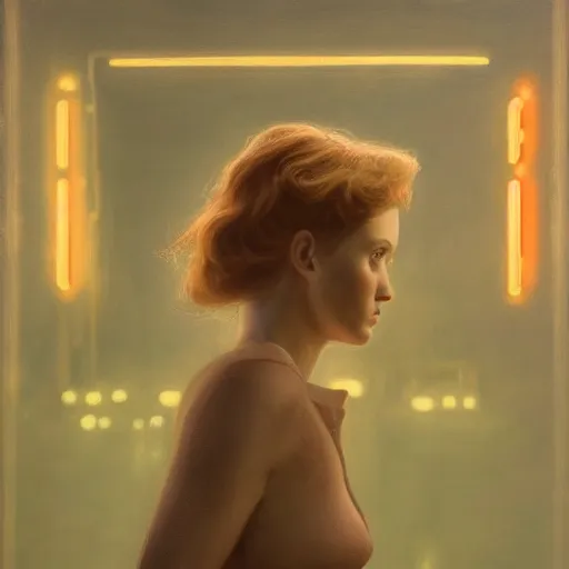 Image similar to Girl in the world of Adam Wyeth, stormy weather, extremely detailed masterpiece, oil on canvas, low-key neon lighting, artstation, Blade Runner 2049, Roger Deakin’s cinematography, by J. C. Leyendecker and Peter Paul Rubens and Edward Hopper,