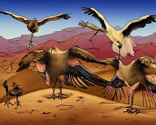 Prompt: cartoonish vultures feeding on carrion in the desert, caricature, surreal, colorful