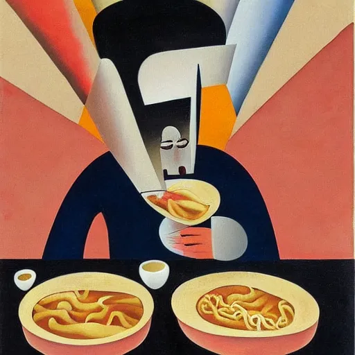 Image similar to surrealist painting, chinese man eating noodles, cubism