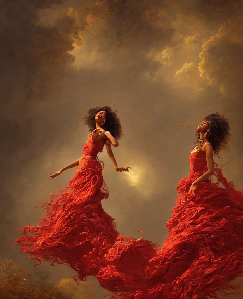 Prompt: a brown skinned queen with long dark curly hair and a red dress, windy, golden ribbons, stars, stoic, modern maximalist fashion dress, hyperdetailed, dramatic, epic painting, painted by jean honore fragonard and greg rutkowski, full body, octane render, sharpness, 8 k, golden ratio