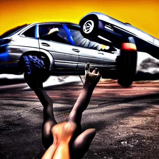 Prompt: car jumping, bodybuilder, woman, holding, photo, digital art, hands, underbody, throw, tire, standing, asphalt