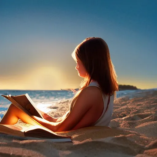 Prompt: girl reading a book, beach, golden hour, sun in frame, wavy water, digital art