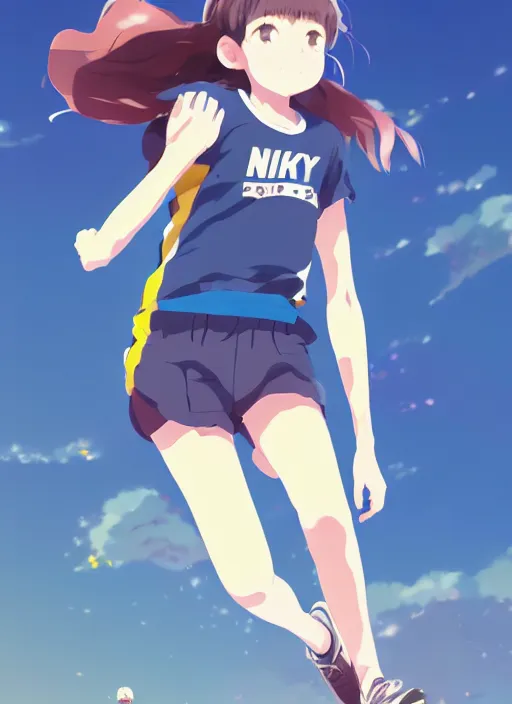 Prompt: portrait of high school runner girl, sunny sky background stadium landscape illustration concept art anime key visual trending pixiv fanbox by wlop and greg rutkowski and makoto shinkai and studio ghibli and kyoto animation real face short down hair sports clothing marathon race sponsors nike shirt