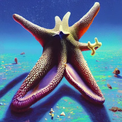 Prompt: patrick starfish meditates, hyperrealism, no blur, 4 k resolution, ultra detailed, style of ron cobb, adolf hiremy - hirschl, syd mead, ismail inceoglu, rene margitte