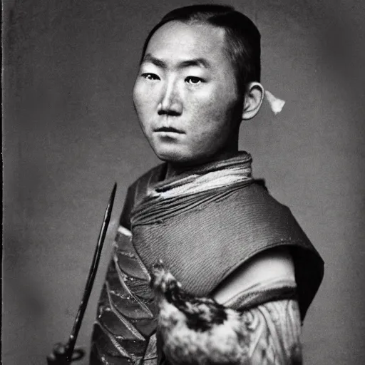 Prompt: a japanese warrior with a chicken hair, photo by gustave baumann