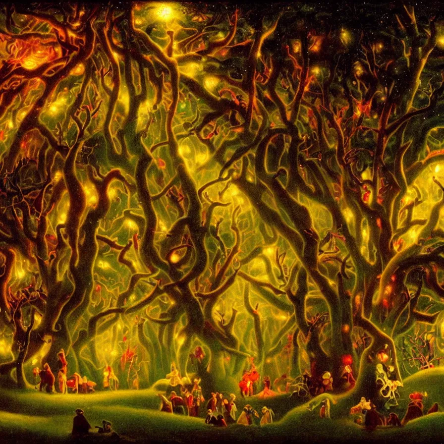 Image similar to closeup of a night carnival inside a tree cavity in a magical forest in the middle of a summer storm, with a music scenario with many fireworks and christmas lights, volumetric lightning, instense god rays in the sky, folklore people disguised with fantastic creatures in a magical forest by summer night, masterpiece painted by alphonse osbert, very coherent and colorful high contrast masterpiece,