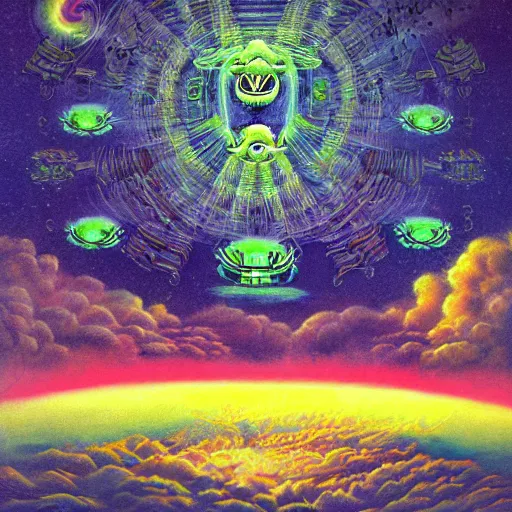 Image similar to large clouds dmt trip, high details, complex patterns, aliens