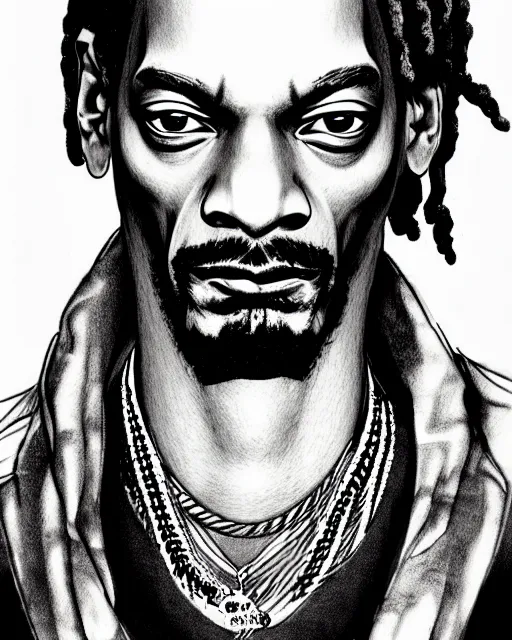 Prompt: portrait of snoop dogg, concept art, sumi - e style, intricate linework, artstation, trending, highly detailed, smooth, focus, art by yoji shinkawa,