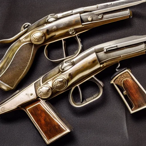 Image similar to a very detailed photo of george washinton's two flintlock pistols, museum, 8k, studio lighting,photograph, shot on iphone, 2022, full view, wideshot