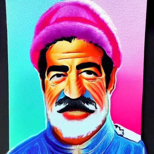 Image similar to rainbow portrait of saddam hussein wearing a pink puffy jacket and a black bucket hat, 8 k, very detailed, very intricate,