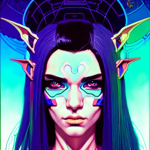 Image similar to portrait painting of a cyberpunk elf with beautiful flowing black hair and eyes, sharp focus, award - winning, trending on artstation, masterpiece, highly detailed, intricate. art by josan gonzales and moebius and deathburger