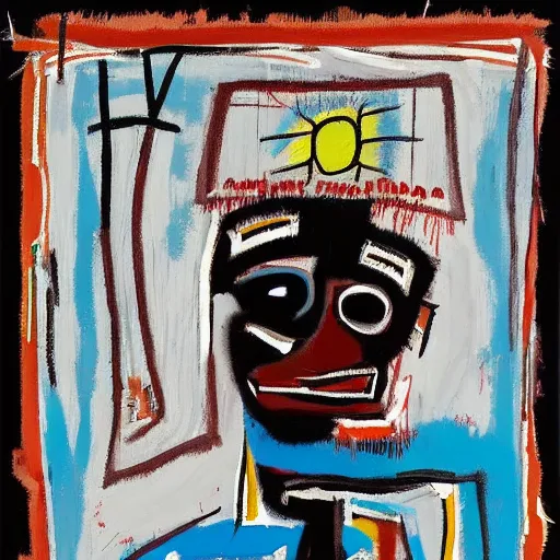 Prompt: Happy Morning. Sunlight is pouring through the window lighting the face of a sleepy young man drinking a cup of coffee. A new day has dawned bringing with it new hopes and aspirations. Detailed and intricate painting by Basquiat, 2005