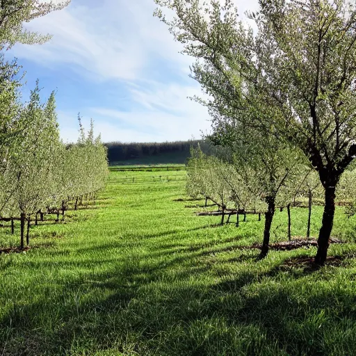 Prompt: heavenly place with apple trees,