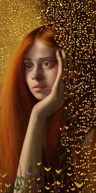 Prompt: an astonished young woman surrounded by golden firefly lights in a mesmerizing scene, sitting amidst nature fully covered, intricate detailed dress, long loose red hair, precise linework, accurate green eyes, small nose with freckles, smooth oval head, expressive emotions, hyper realistic ultrafine portrait by artemisia gentileschi, jessica rossier, artgerm