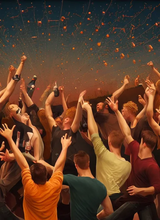 Image similar to image of group of people very drunk dancing chaotic and giant like slowmotion nuclear exploding beer bottle in the middle, beer bottles flying in the air, dark backround, highly detailed, digital illustration, trending in artstation, modern painting, smooth, sharp focus, intricate, einar jonsson and bouguereau