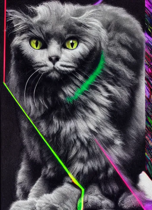 Image similar to futuristic lasers tracing, laser cat, selkirk rex longhair, by steven meisel, kaws, rolf armstrong, mondrian, kandinsky, perfect geometry abstract acrylic, octane hyperrealism photorealistic airbrush collage painting, dark monochrome, fluorescent colors, minimalist rule of thirds, eighties eros