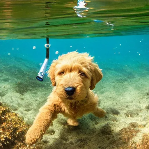 Prompt: Golden labradoodle puppy snorkelling with a snorkel on his face