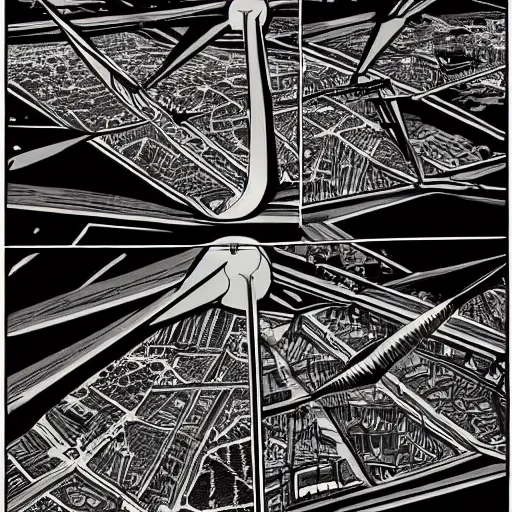 Prompt: Comic artwork of a dark futuristic version Paris in France with drones flying around the Eiffel tower