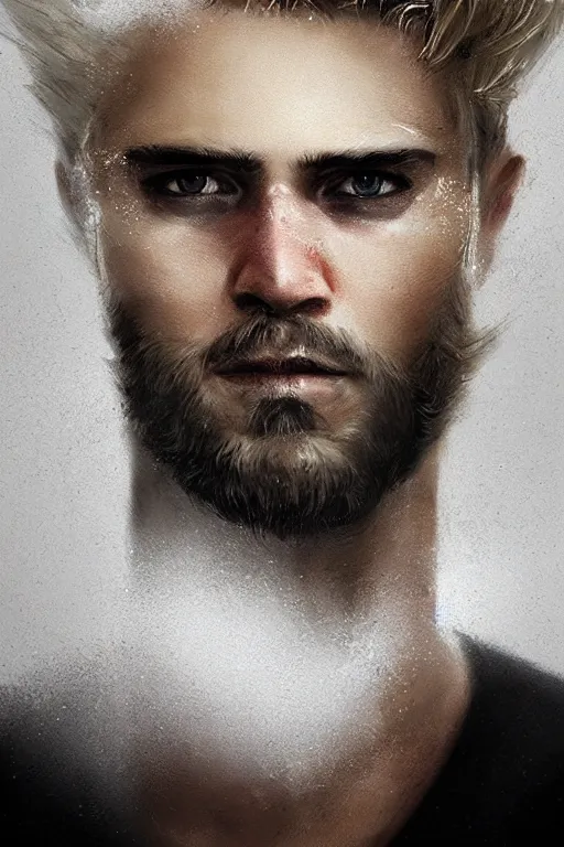 Image similar to blonde wild hair man with a little beard, one black eye - patch, plain white shirt, close - up portrait, powerfull, intricate, elegant, volumetric lighting, scenery, digital painting, highly detailed, artstation, sharp focus, illustration, concept art, ruan jia, steve mccurry