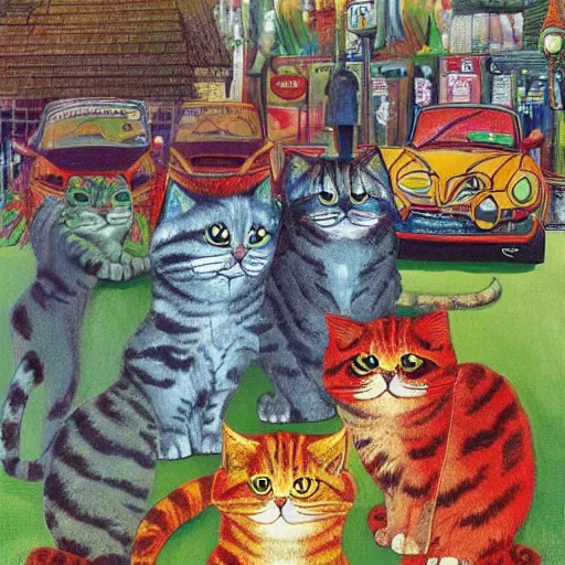 Prompt: A group of photogenic cats at a car wash by Louis Wain, trending on artstation