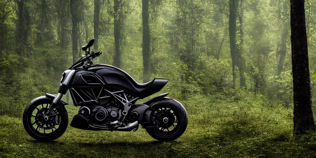 Image similar to portrait of a single ducati diavel in a vast forest landscape in the style of thomas cole, cinematic lighting, raytracing, 8 k, octane render, volumetric, vivid, beautiful, hyperrealism