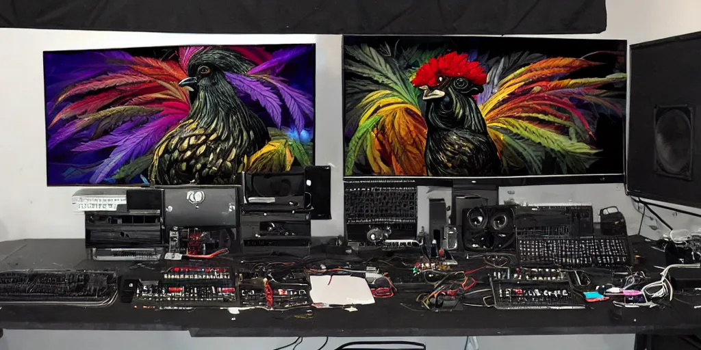 Image similar to 'black rooster'!!! smoking 'cannabis'!!!!!! in front of 'audio console'!!!! and 'pc masterrace RGB custom build'!!!!! 'multi monitors and projectors'!!!! 'in a hi-tech tv broadcasting studio with red camera rig'!!!!, artwork by James Gilleard