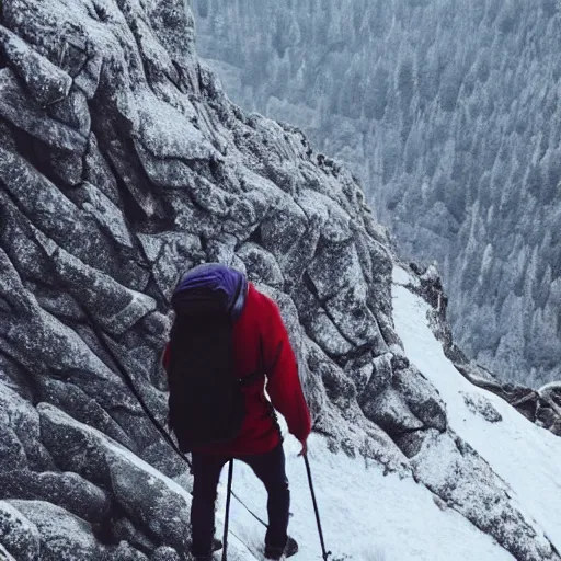 Image similar to person with hoodie walking up a mountain with a backpack that has katanas on the sides, anime, amazing composition, astonishing detail, smooth lines, beautiful scenery