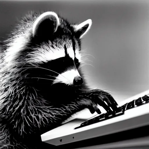 Image similar to photograph of a racoon using a computer, filmic, cinematographic