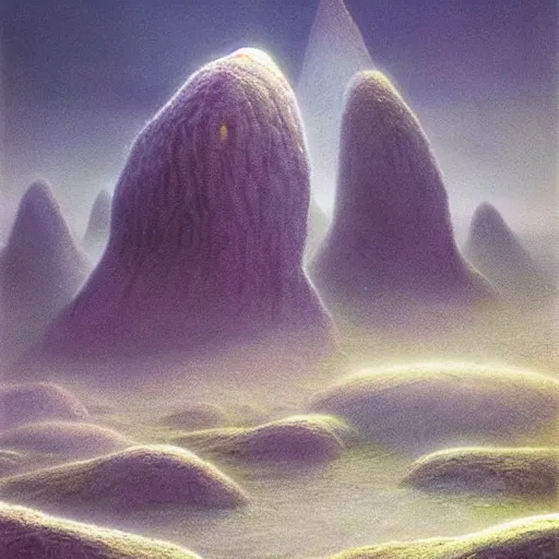 Image similar to artistic digital artwork of an epic natural scene on an alien planet. beautiful landscape by vincent bons, michael whelan and remedios varo. grainy and rough. interesting pastel colour palette. beautiful light. oil and water colour based on high quality render.