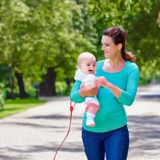 Image similar to a wife going for a walk with her baby on a nice day.