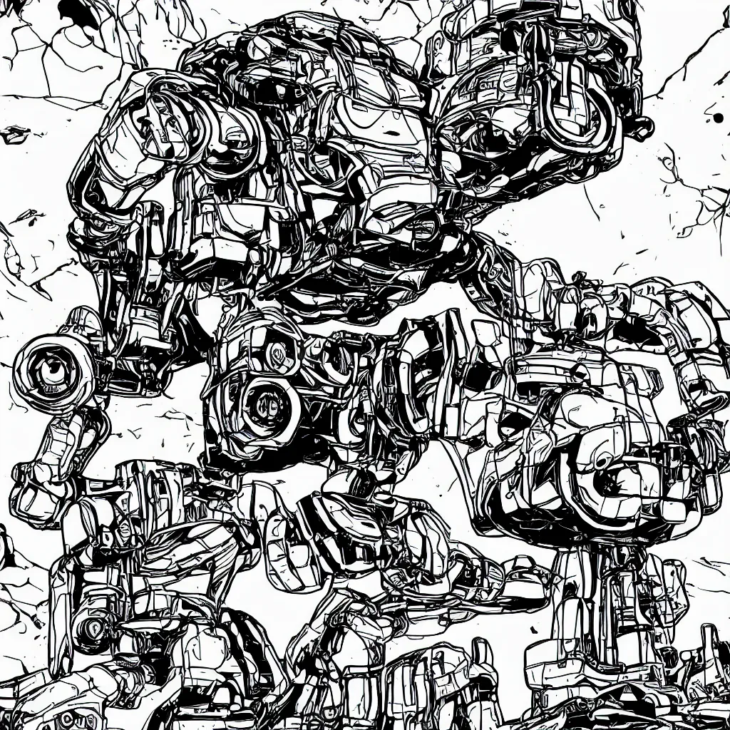 Image similar to a hard surface ultradetailed mechanical robot in middle of nature black and white comic book style