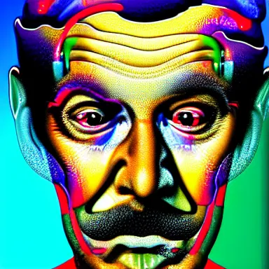 Prompt: portrait of a uncanny artist by Chor Boogie and Salvador Dali collaboration, digital art, mix of aesthetics, close up, high details